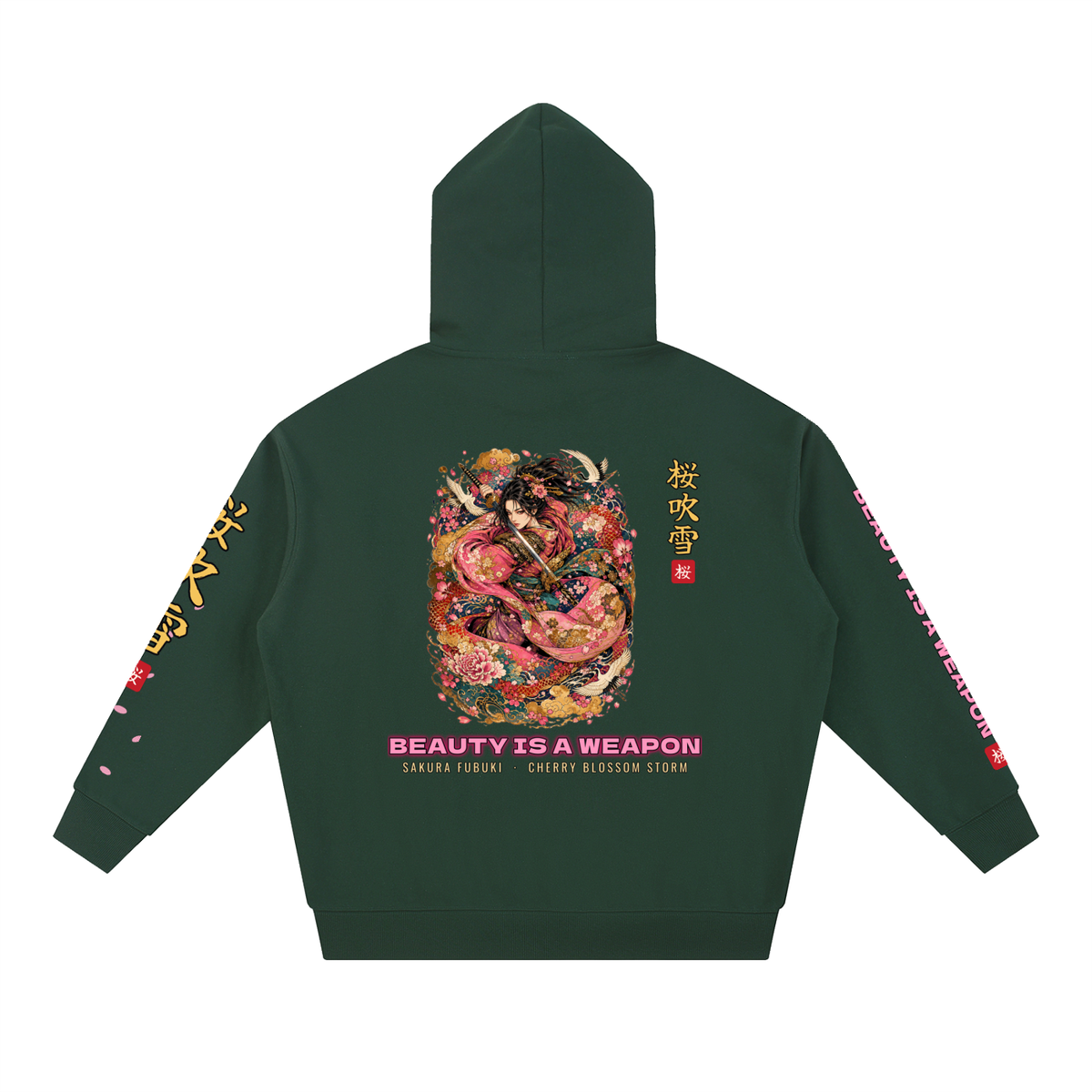 Sakura Storm Hoodie | Cherry Blossom Female Samurai Japanese Graphic Hoodie, Back & Sleeve Print