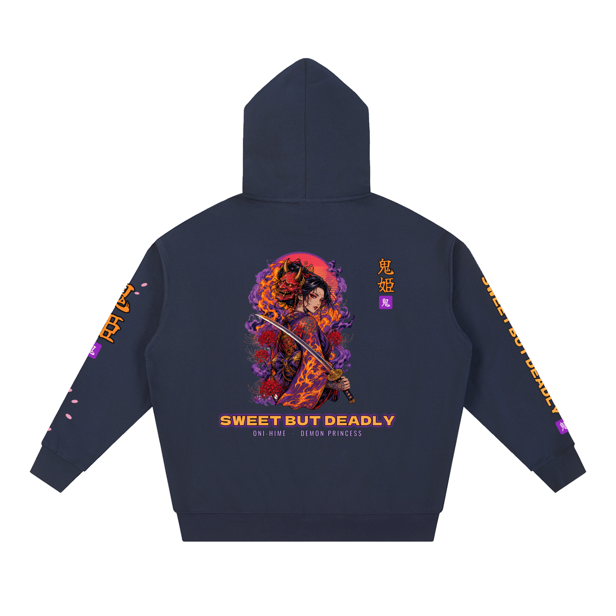 Oni-Hime Hoodie | Demon Princess Female Samurai Japanese Graphic Hoodie, Back & Sleeve Print