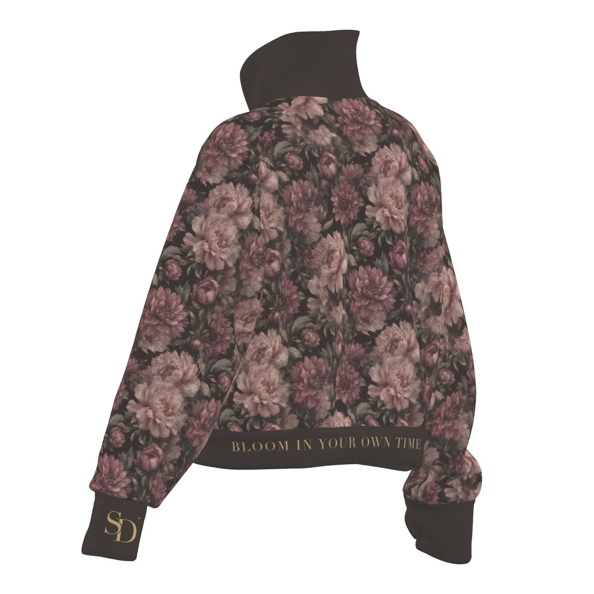 Midnight Peony half-zip, back view with BLOOM IN YOUR OWN TIME on the hem and SD on the cuff