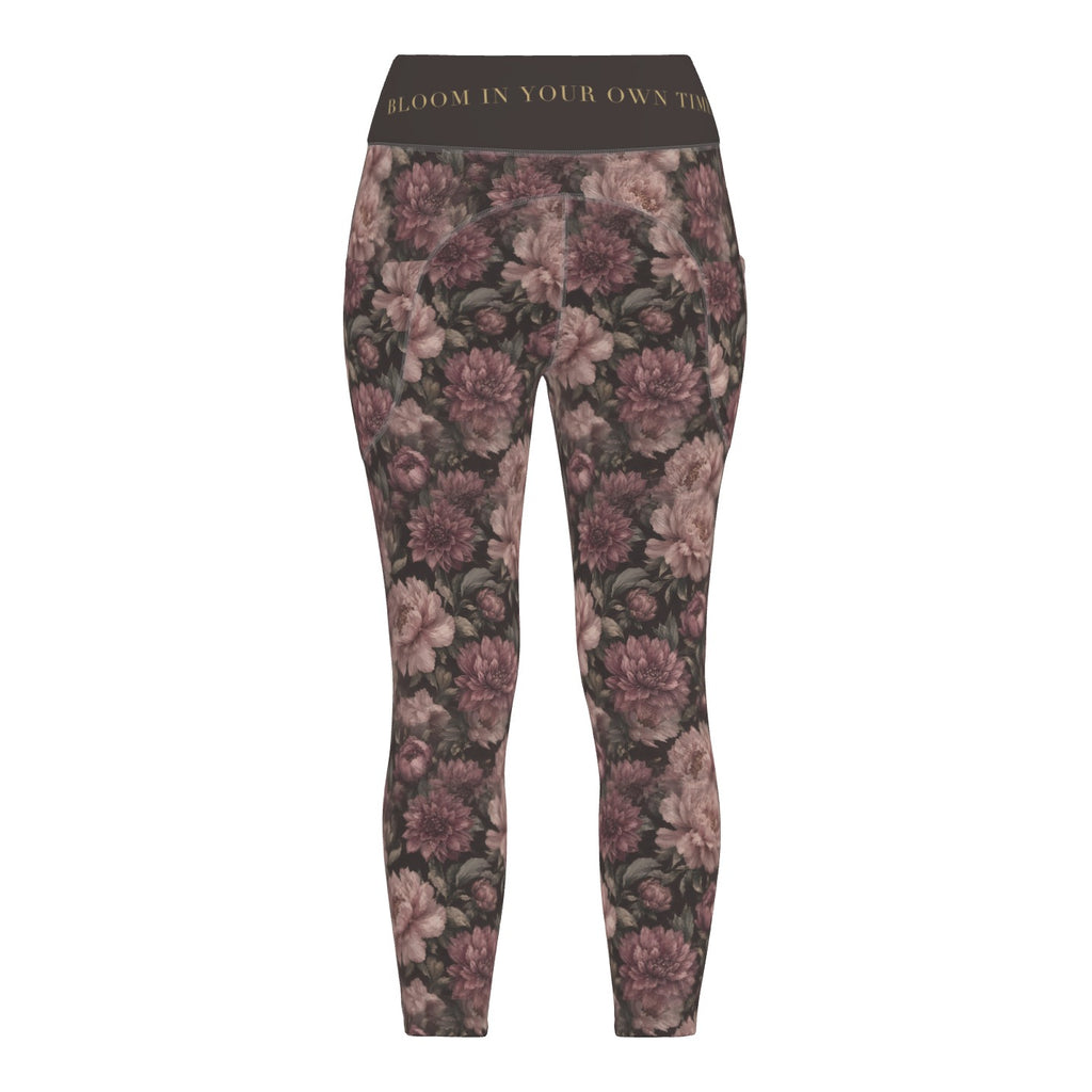 Midnight Peony leggings, back view with BLOOM IN YOUR OWN TIME on the waistband