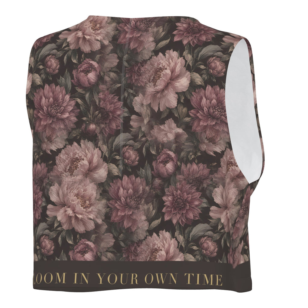 Midnight Peony crop tank, back view with BLOOM IN YOUR OWN TIME on the hem band