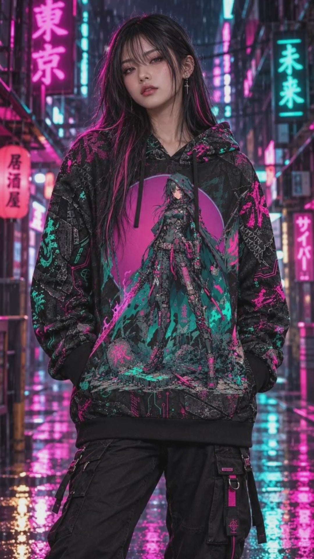 Neon Ronin All-Over Print Hoodie | Cyberpunk Samurai Anime Premium 280GSM Hoodie
