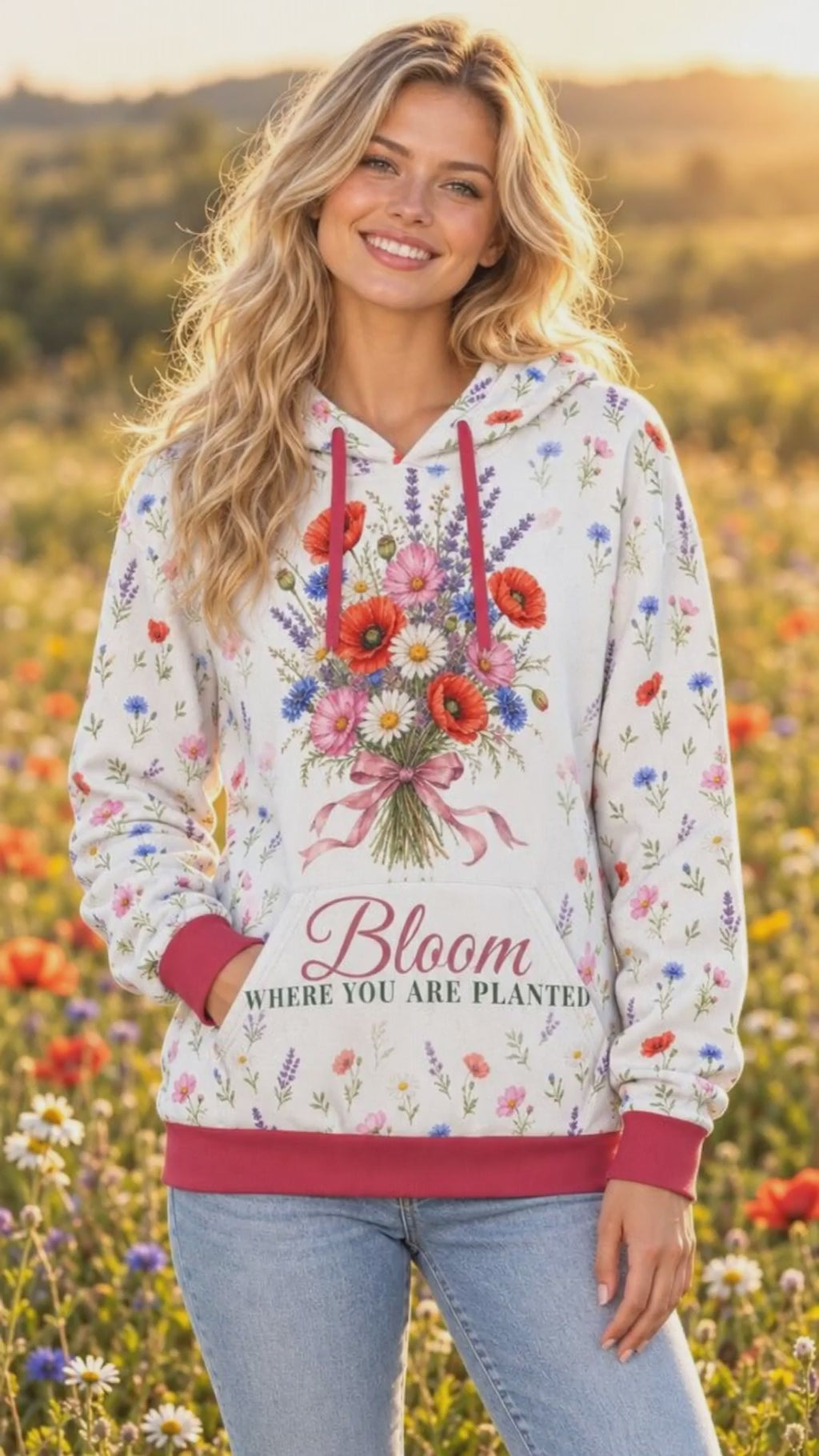 Bloom Where You Are Planted Full Print Hoodie | Watercolor Wildflower Bouquet Premium 280GSM Hoodie for Women