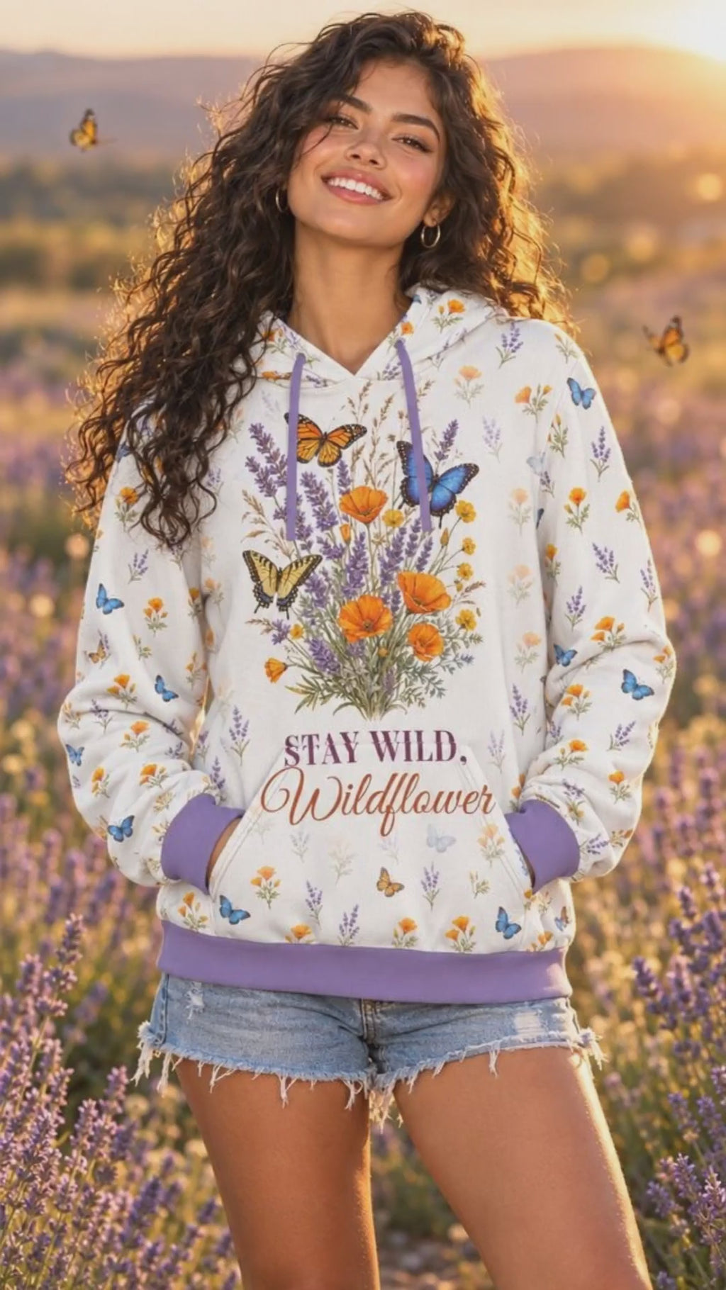 Stay Wild Wildflower Full Print Hoodie | Watercolor Lavender Poppy Butterfly Premium 280GSM Hoodie for Women