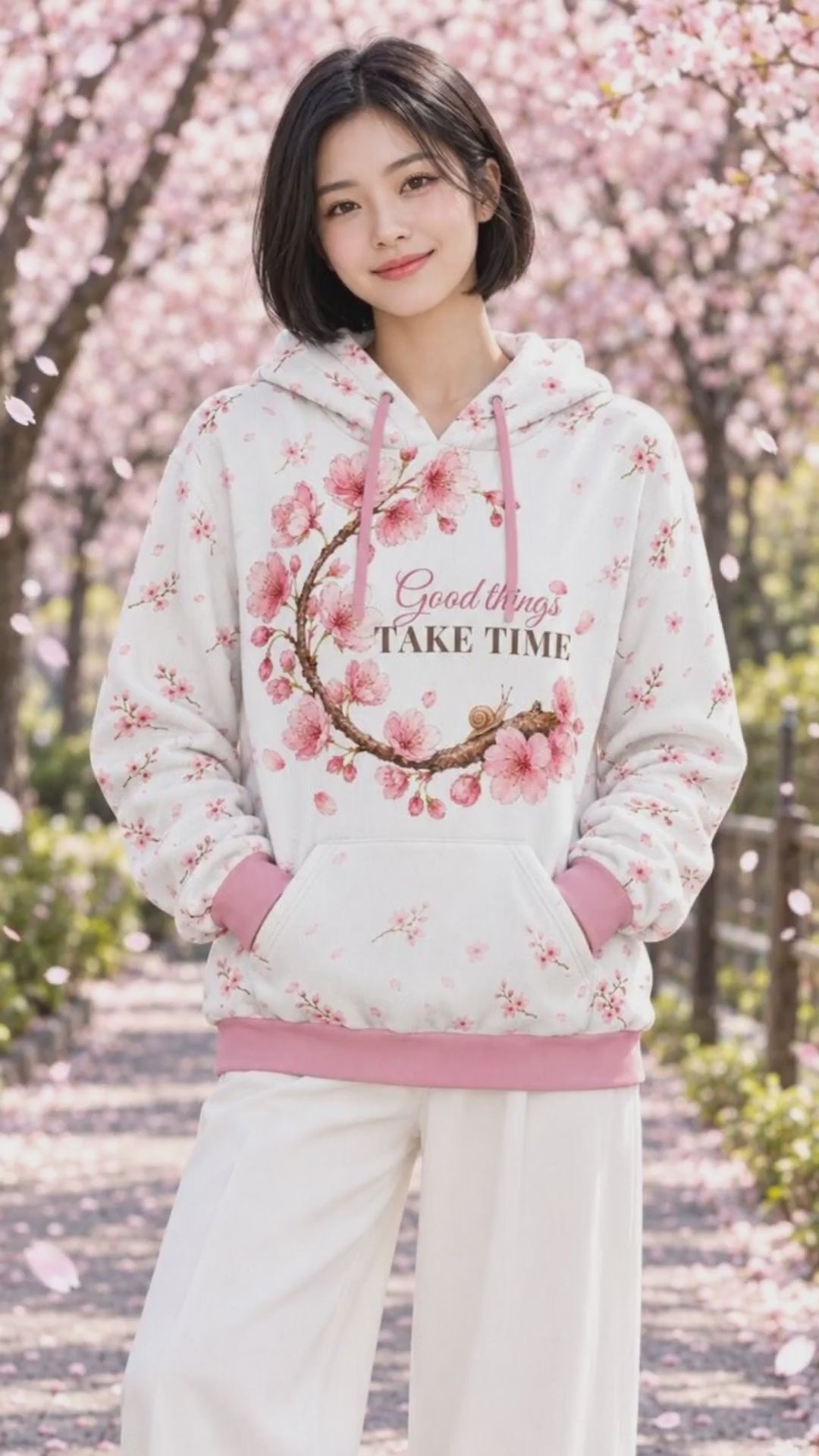 Good Things Take Time Full Print Hoodie | Watercolor Cherry Blossom Premium 280GSM Hoodie for Women