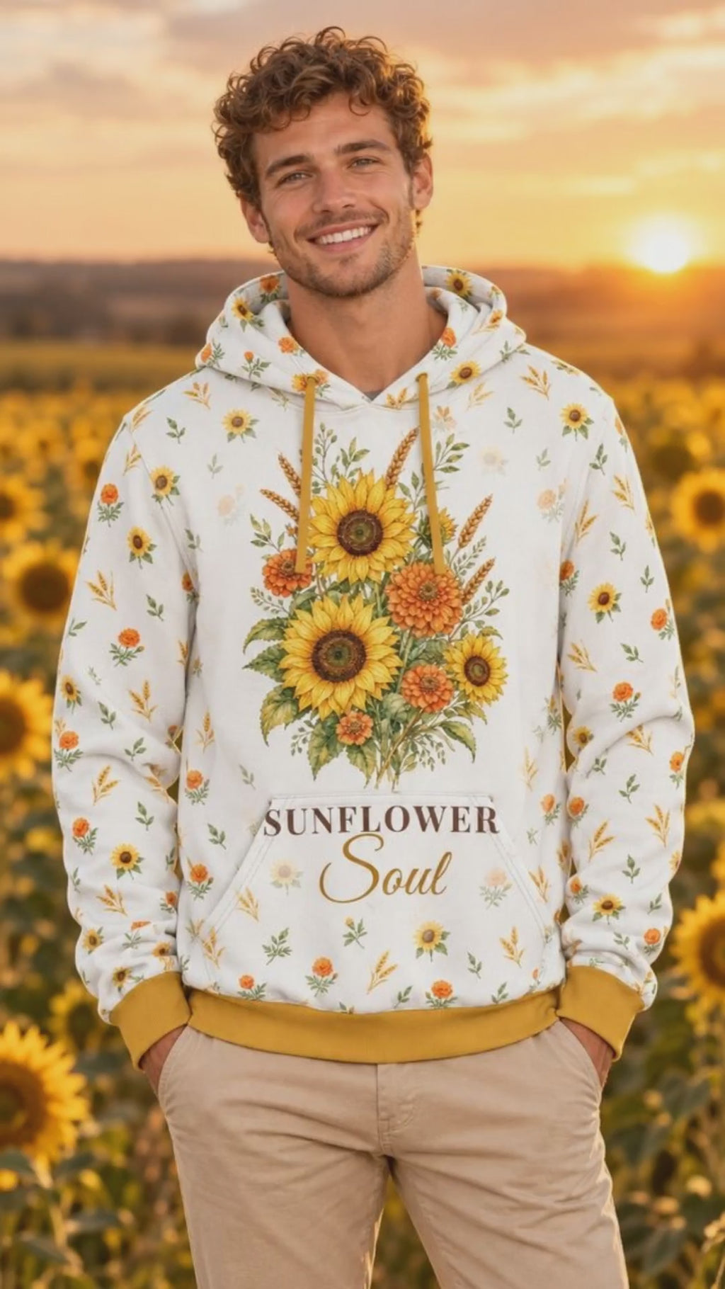 Sunflower Soul Full Print Hoodie | Watercolor Sunflower Bouquet Premium 280GSM Hoodie for Women