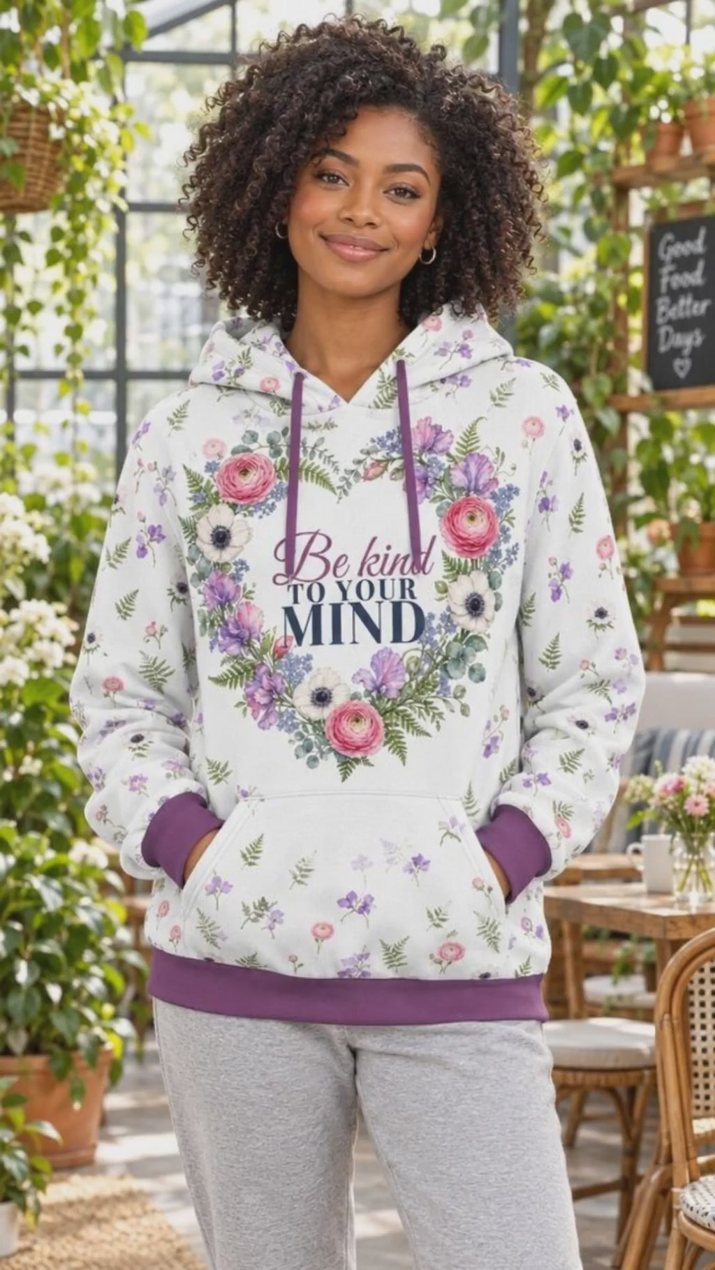 Be Kind To Your Mind Full Print Hoodie | Watercolor Floral Heart Premium 280GSM Hoodie for Women
