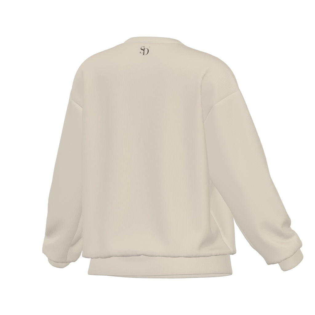 Rooted & Rising oat crewneck, back view with small SD below the neckline