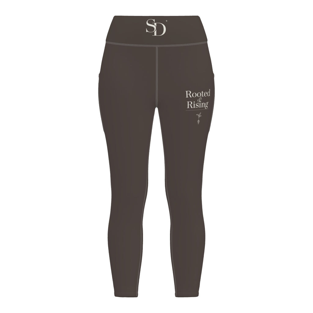 Rooted & Rising espresso leggings, front detail with SD waistband and thigh emblem
