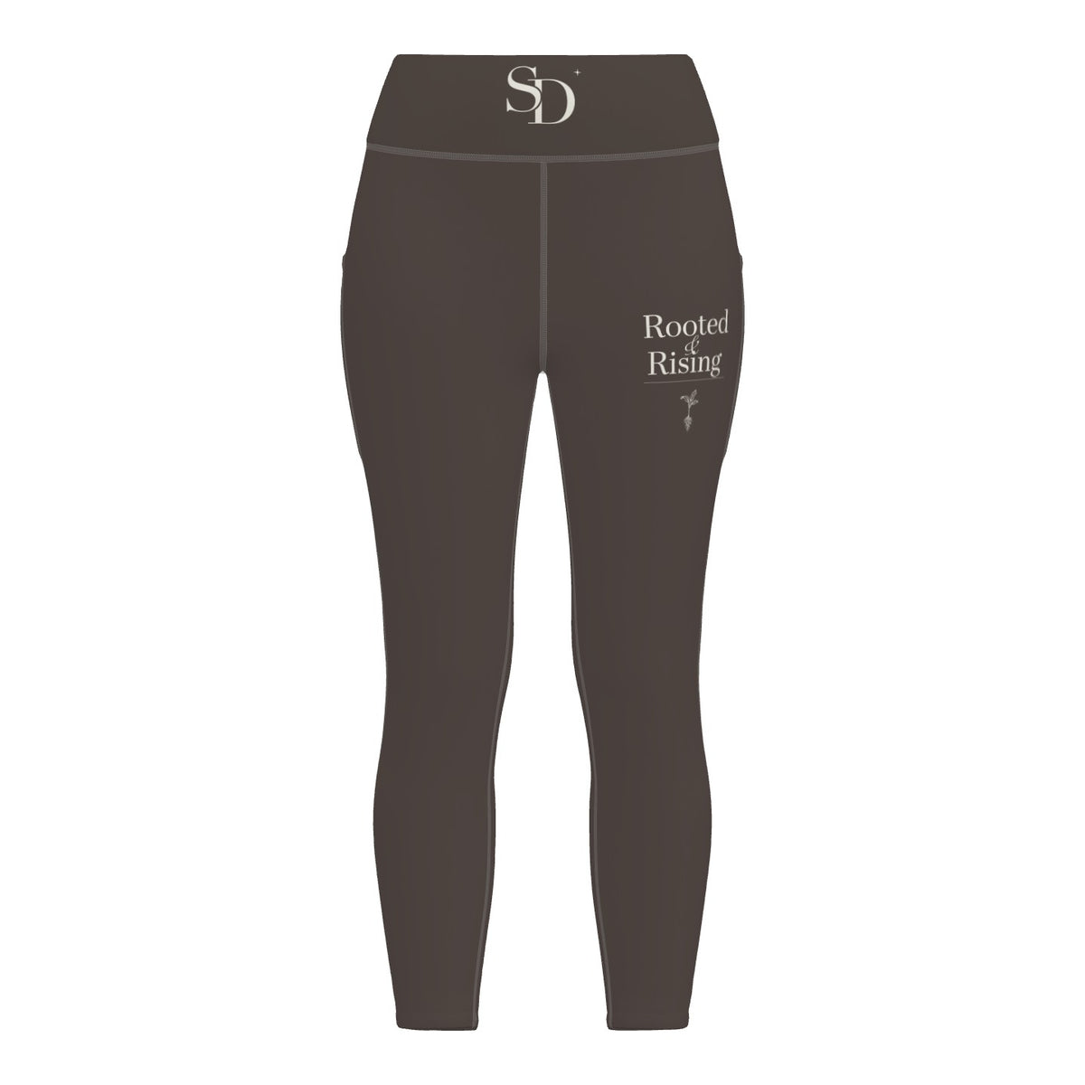 Rooted & Rising espresso leggings, front detail with SD waistband and thigh emblem
